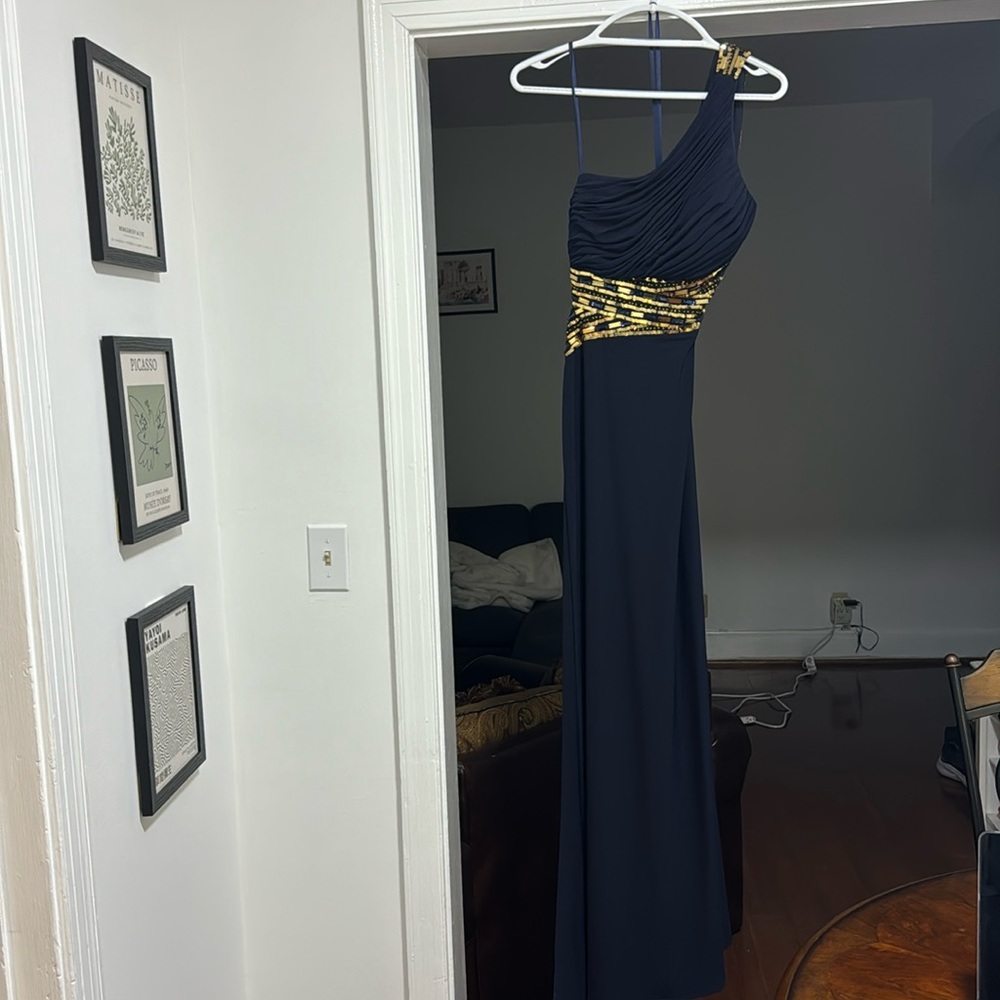 Blondie Nites Navy and Gold-Beaded Formal Dress